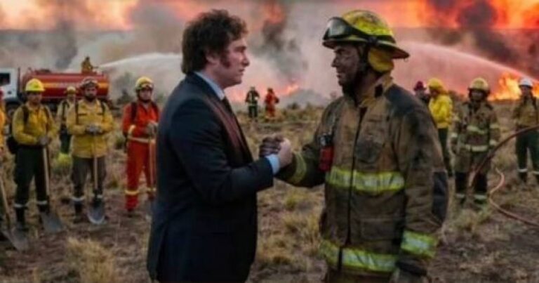 Milei agradece a los bomberos de la Patagonia con una foto trucada, pero les redujo el presupuesto casi un 80 por ciento