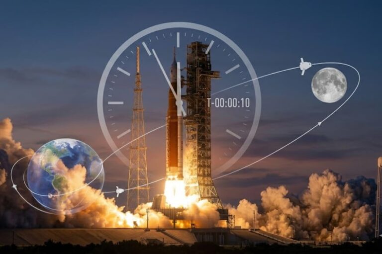 Ilustración del cohete Artemis II de la NASA en la plataforma de lanzamiento.