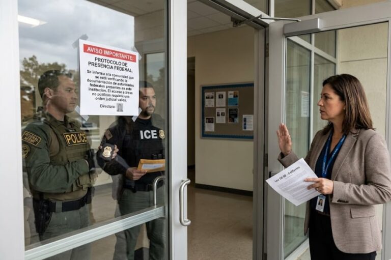 Ilustración de un edificio escolar con un símbolo de ley y un documento oficial al frente.