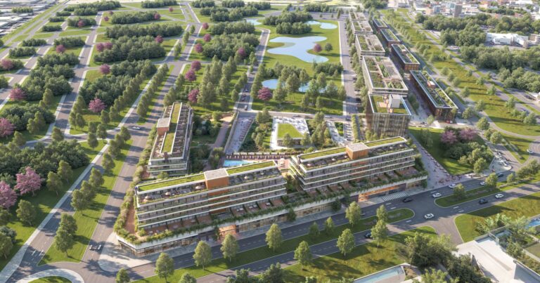 Maqueta o ilustración conceptual del proyecto Distrito Canning, mostrando áreas verdes y edificios integrados.