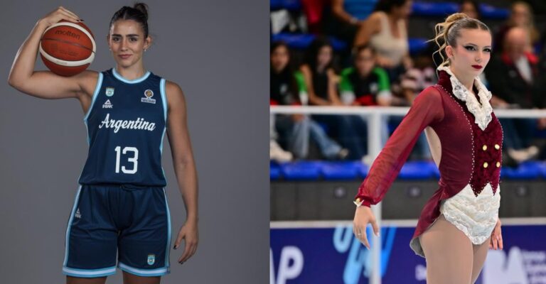 Delfina Veljanovich patinando y Candela Gentinetta jugando al básquet, representantes de Argentina.