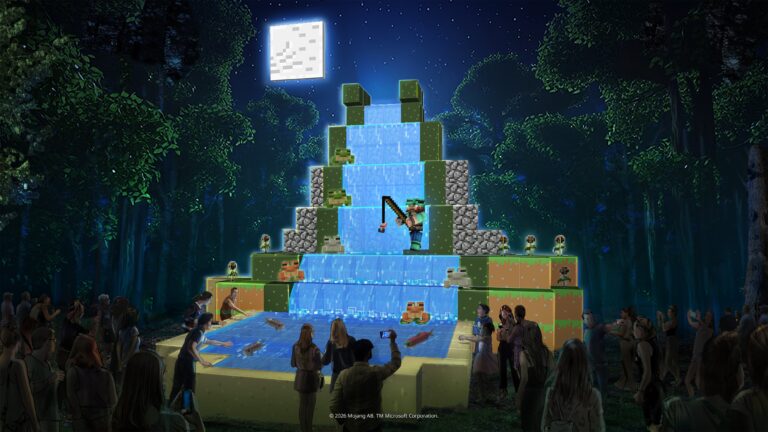 Ilustración del evento Moonlight Trail de Minecraft en Ciudad Universitaria, con elementos icónicos del videojuego como bloques y criaturas en un entorno nocturno.