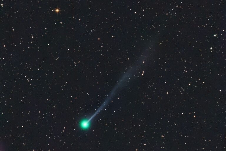 Ilustración de un cometa y meteoros en el cielo nocturno sobre un paisaje argentino.