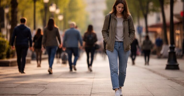 Ilustración conceptual de una persona con una máscara sonriente frente a un espejo que refleja una expresión neutra