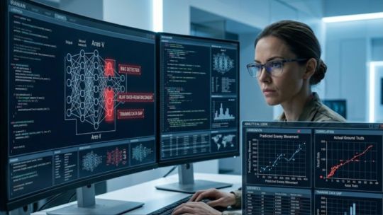 Representación gráfica de un algoritmo de inteligencia artificial analizando un mapa táctico digital.