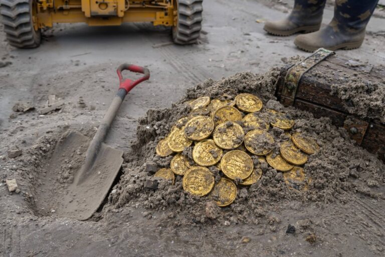 Ilustración de monedas de oro antiguas y un mapa de la costa de Texas, en referencia al supuesto tesoro pirata.