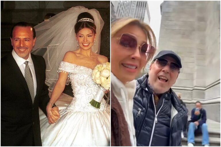 Thalía y Tommy Mottola posan frente a la Catedral de San Patricio en Nueva York.